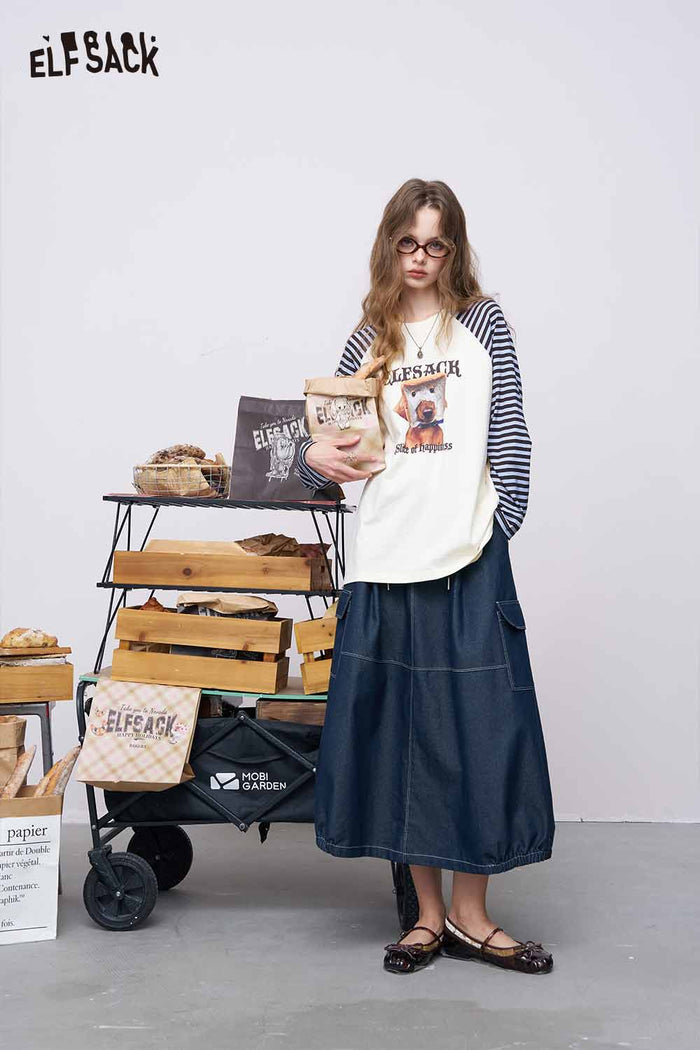 ELFSACK Slimming Vintage High-Waisted Denim Skirt