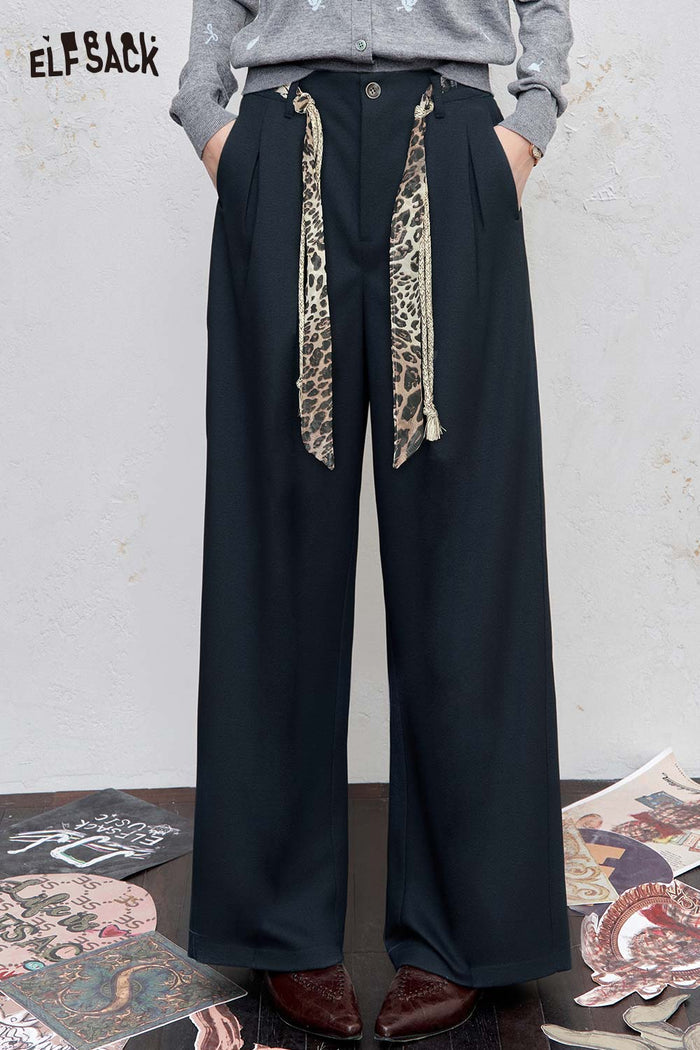 ELFSACK Soft Animal Print Waistband Fluid Silhouette Wide Leg Trousers