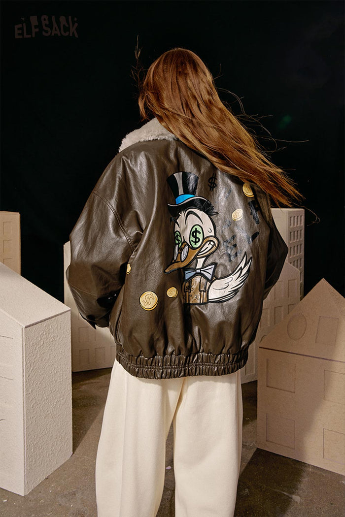 ELFSACK Soft Back Graphic Plush Lapel Short Leather Jacket
