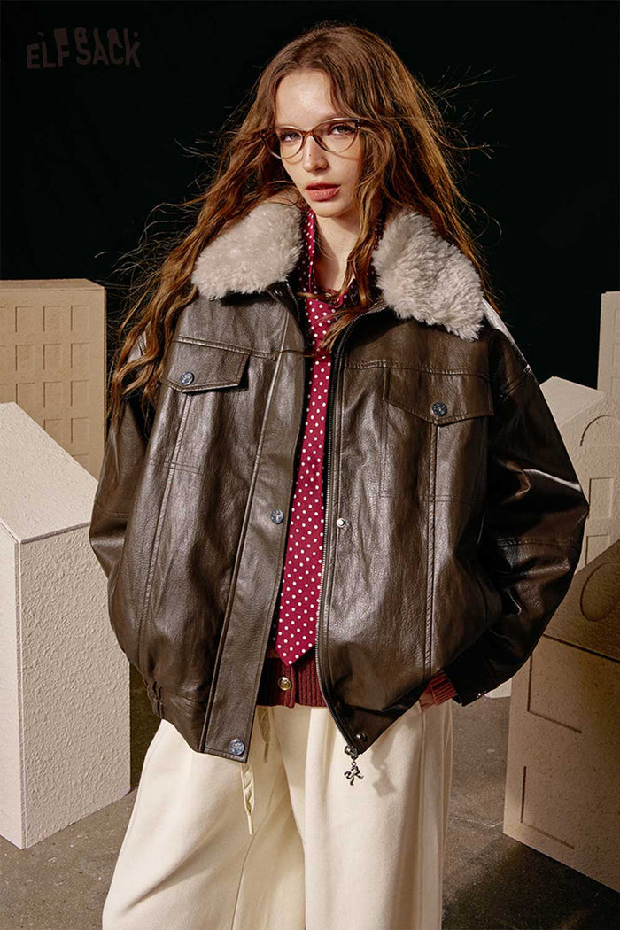 ELFSACK Soft Back Graphic Plush Lapel Short Leather Jacket