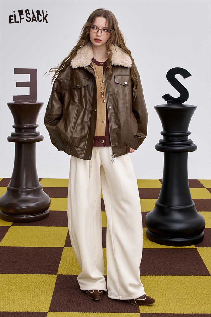 ELFSACK Soft Back Graphic Plush Lapel Short Leather Jacket