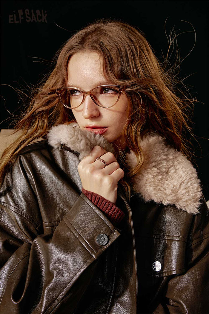 ELFSACK Soft Back Graphic Plush Lapel Short Leather Jacket