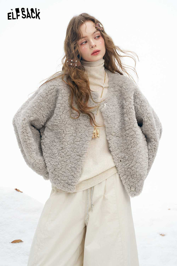 ELFSACK Soft Basic Solid Single Breasted Round Neck Plush Coat