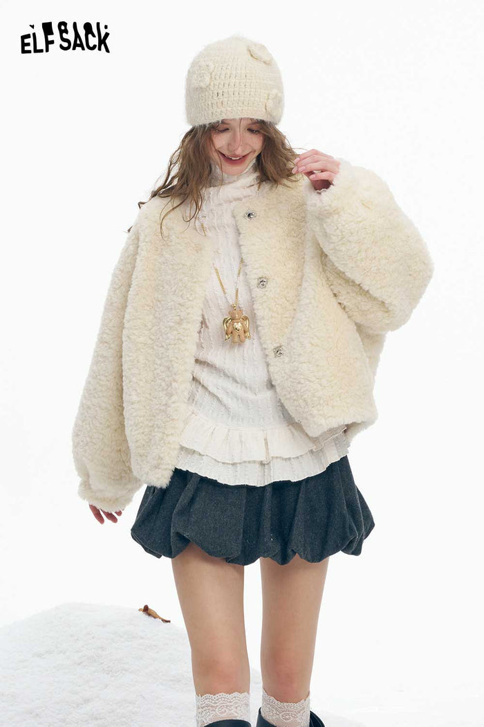 ELFSACK Soft Basic Solid Single Breasted Round Neck Plush Coat