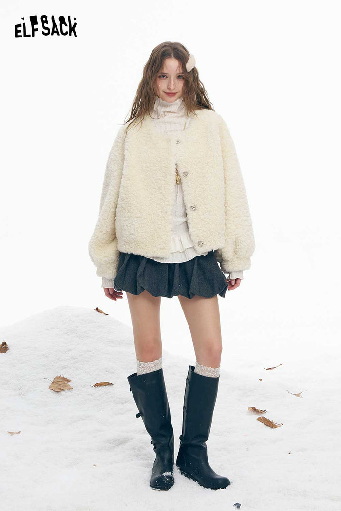 ELFSACK Soft Basic Solid Single Breasted Round Neck Plush Coat