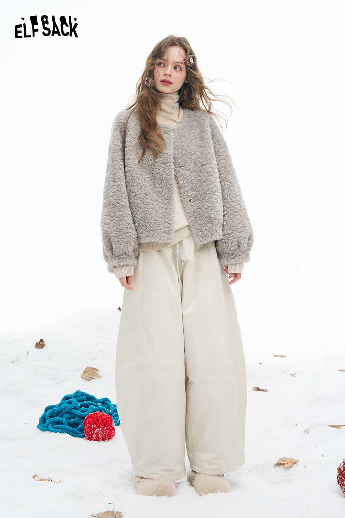 ELFSACK Soft Basic Solid Single Breasted Round Neck Plush Coat