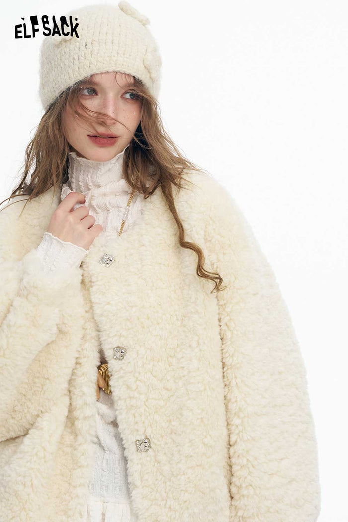 ELFSACK Soft Basic Solid Single Breasted Round Neck Plush Coat