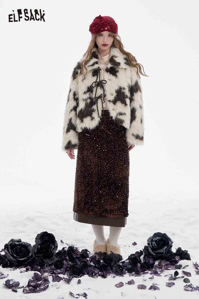ELFSACK Soft Black White Color Blocking Lapel Bow Button Warm Coat