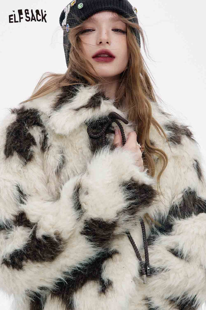 ELFSACK Soft Black White Color Blocking Lapel Bow Button Warm Coat