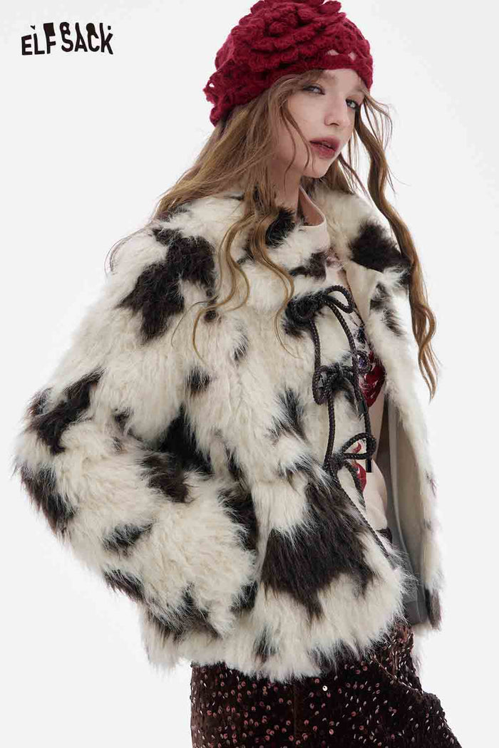 ELFSACK Soft Black White Color Blocking Lapel Bow Button Warm Coat