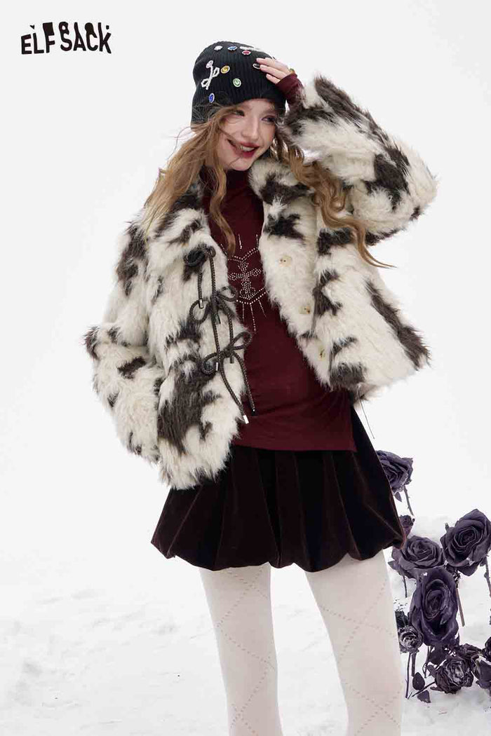 ELFSACK Soft Black White Color Blocking Lapel Bow Button Warm Coat