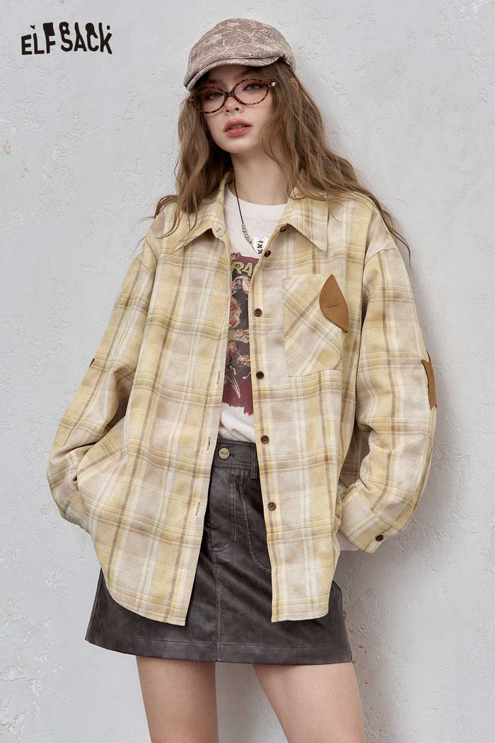 ELFSACK Soft Blend Contrast Collar Relaxed Fit Checkered Long Sleeve Shirt