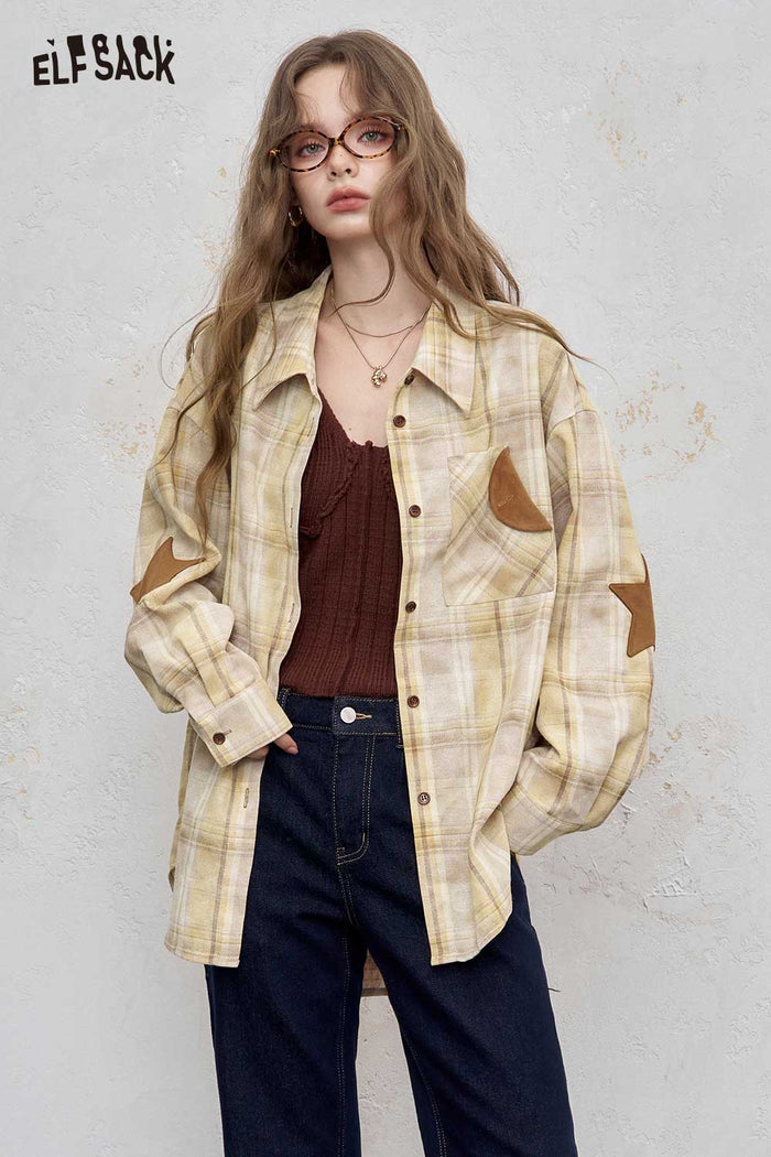 ELFSACK Soft Blend Contrast Collar Relaxed Fit Checkered Long Sleeve Shirt