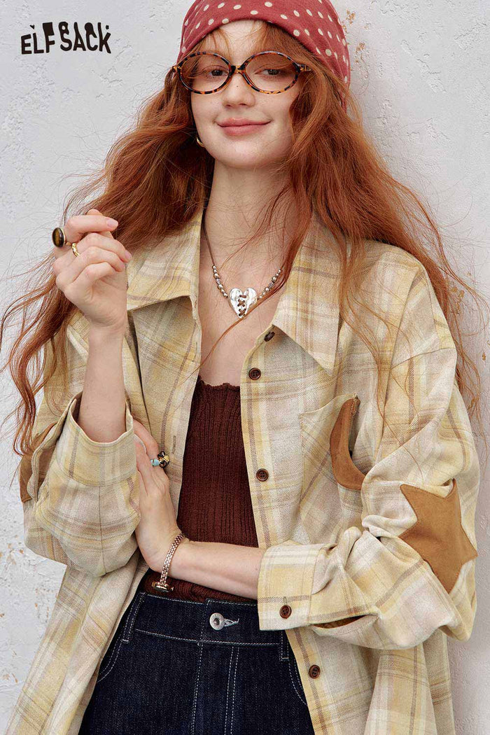 ELFSACK Soft Blend Contrast Collar Relaxed Fit Checkered Long Sleeve Shirt
