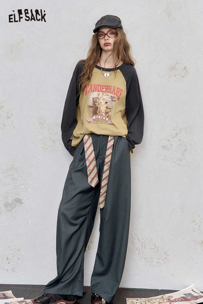 ELFSACK Soft Blend Contrast Stitching Adjustable Waistband Tapered Trouser