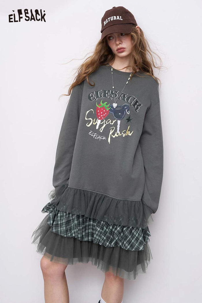 ELFSACK Soft Blend Strawberry Print Mesh Panel Plaid Trim Sweatshirt Dress