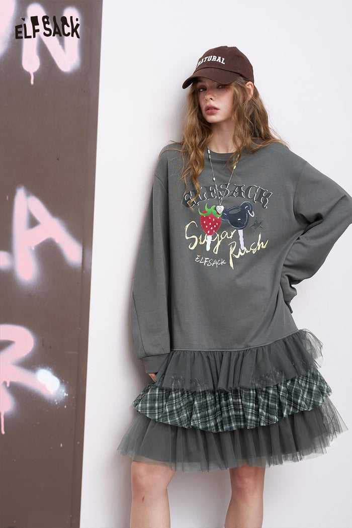 ELFSACK Soft Blend Strawberry Print Mesh Panel Plaid Trim Sweatshirt Dress