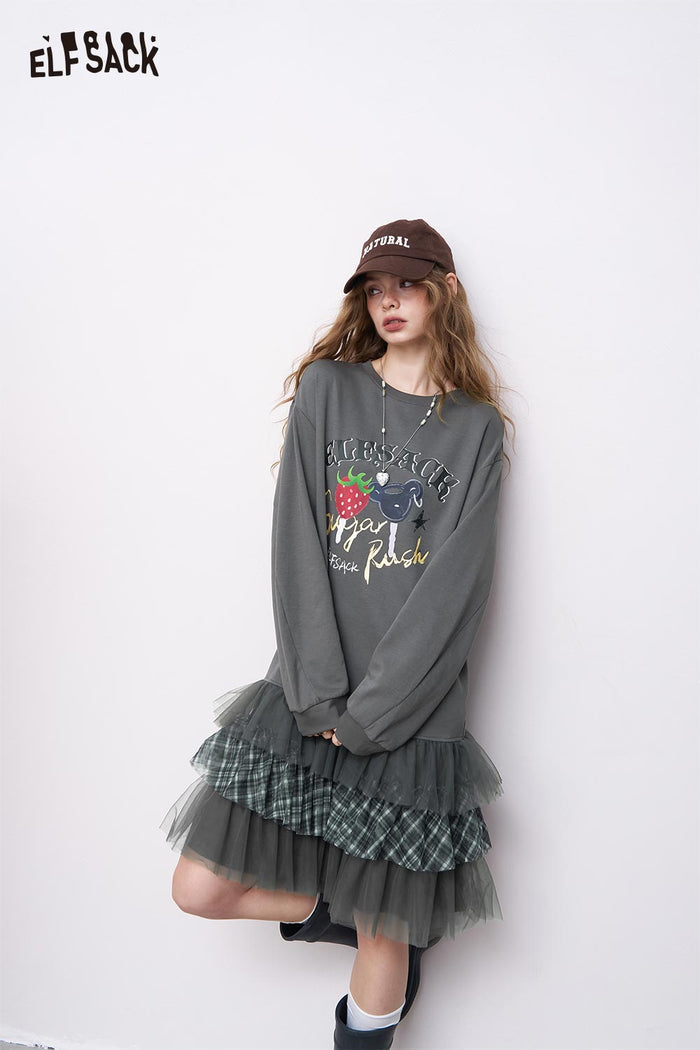 ELFSACK Soft Blend Strawberry Print Mesh Panel Plaid Trim Sweatshirt Dress