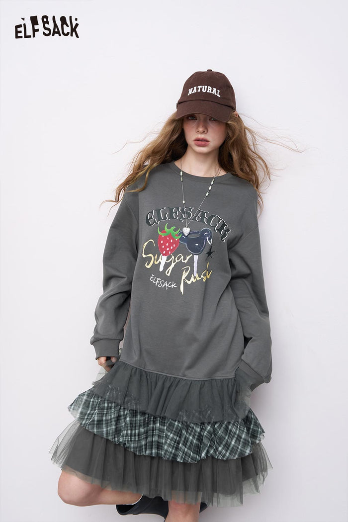 ELFSACK Soft Blend Strawberry Print Mesh Panel Plaid Trim Sweatshirt Dress