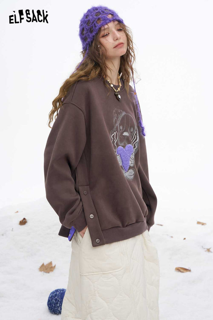 ELFSACK Soft Casual Animal Graphic Heart Graphic Solid Round Neck Sweatshirt