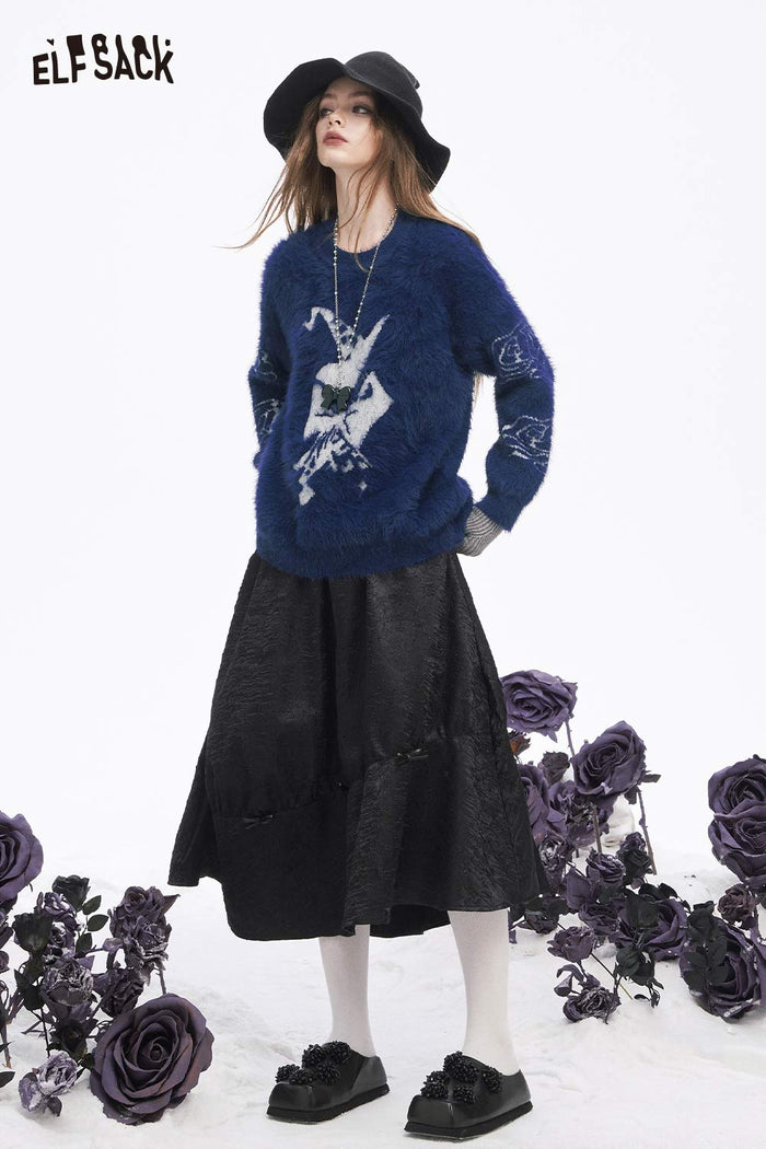 ELFSACK Soft Casual Loose Graphic Plush Round Neck Sweater