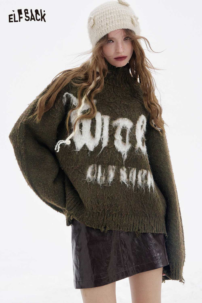 ELFSACK Soft Casual Loose Letter Graphic Fringe High Neck Sweater