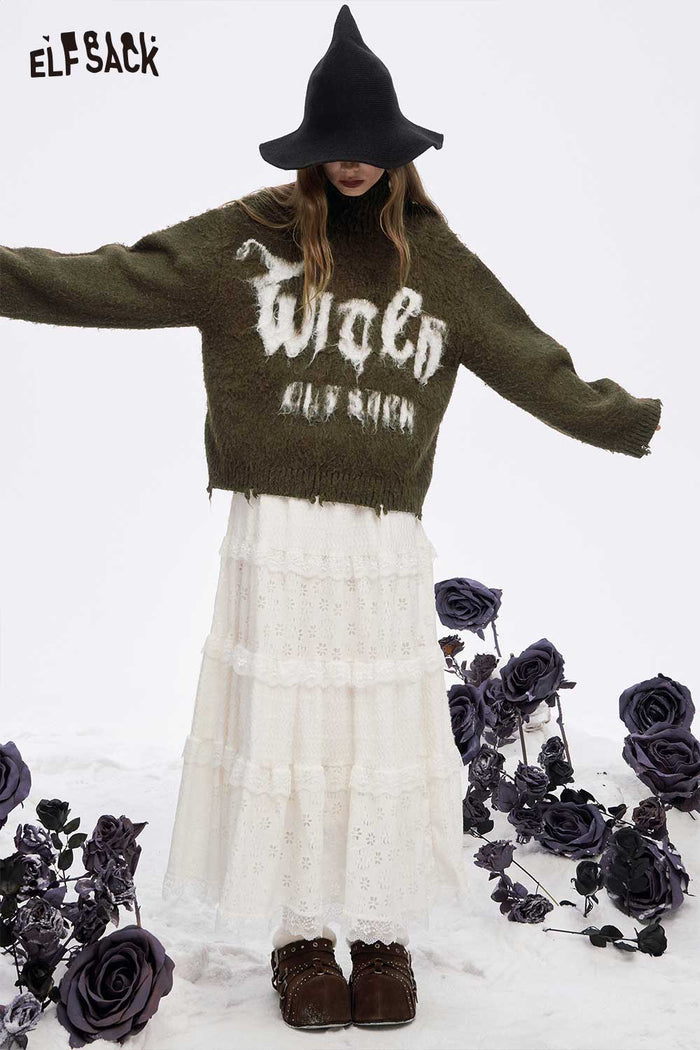 ELFSACK Soft Casual Loose Letter Graphic Fringe High Neck Sweater