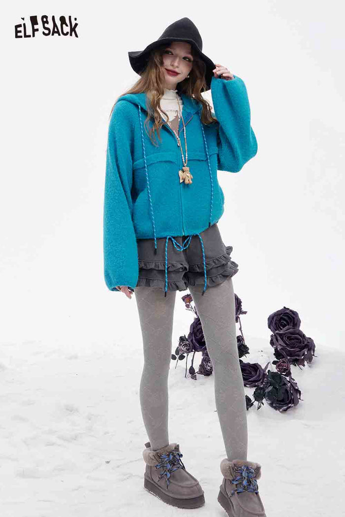 ELFSACK Soft Casual Solid Fleece Striped Drawstring Hooded Sweater