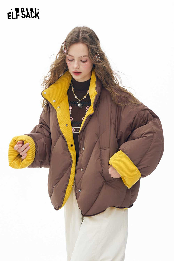 ELFSACK Soft Casual Solid Reversible Hoodless Stand Collar Short Down Jacket