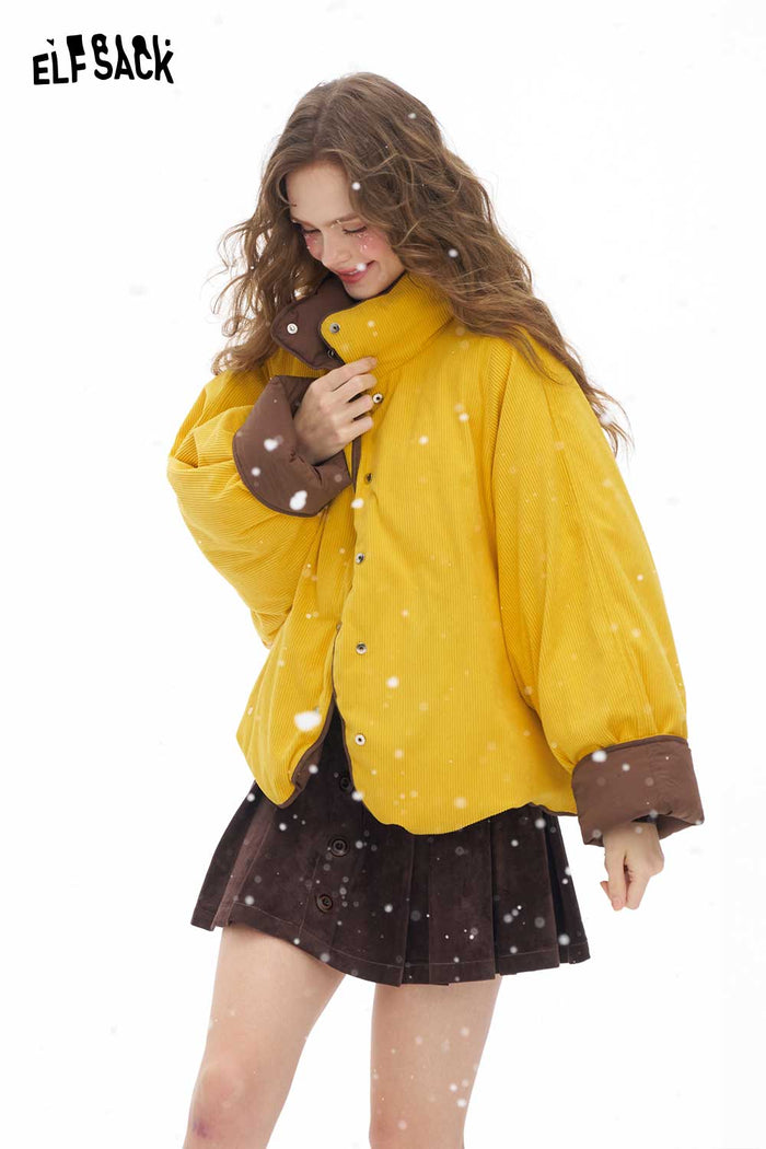 ELFSACK Soft Casual Solid Reversible Hoodless Stand Collar Short Down Jacket