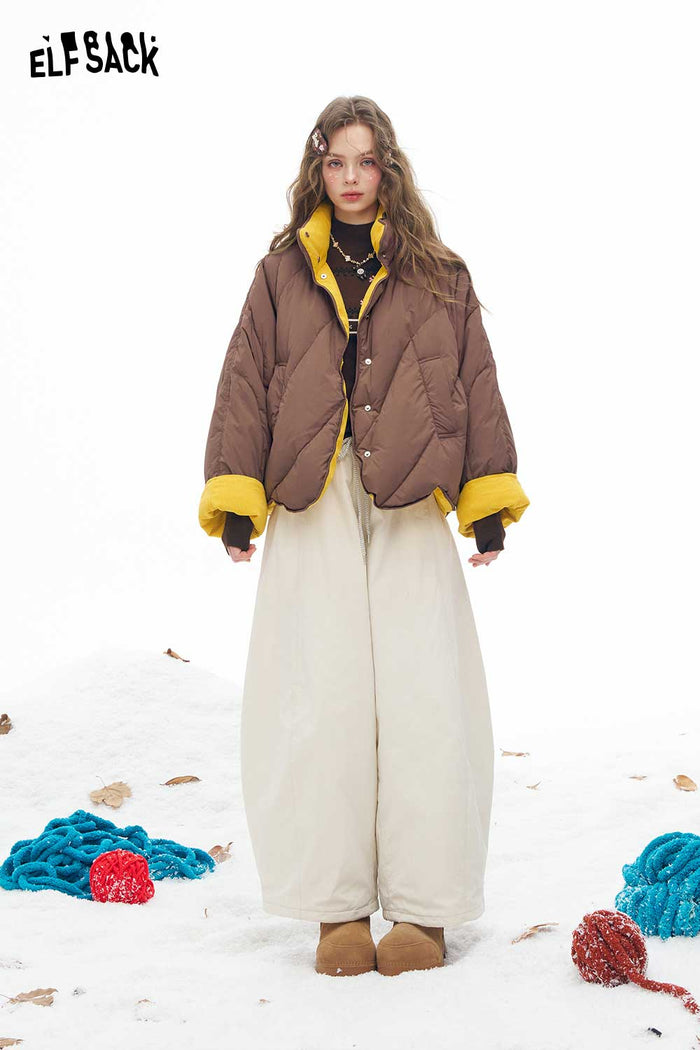 ELFSACK Soft Casual Solid Reversible Hoodless Stand Collar Short Down Jacket