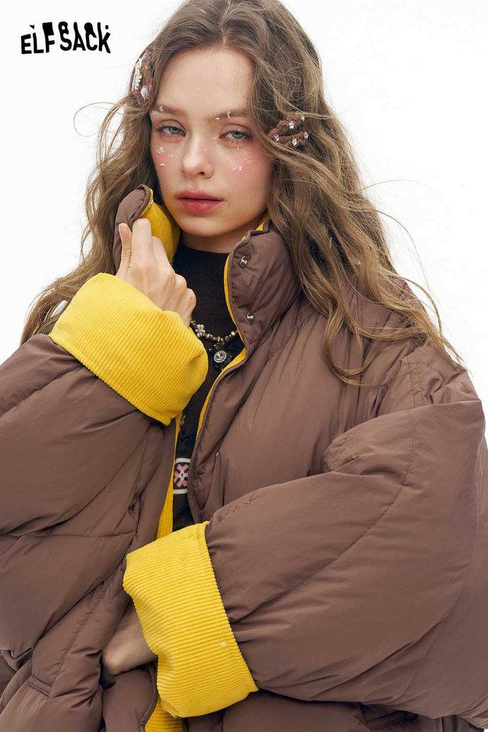 ELFSACK Soft Casual Solid Reversible Hoodless Stand Collar Short Down Jacket