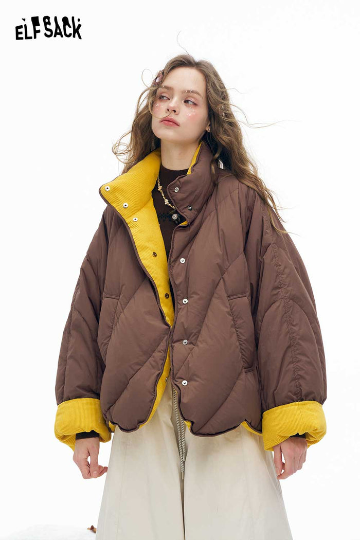ELFSACK Soft Casual Solid Reversible Hoodless Stand Collar Short Down Jacket