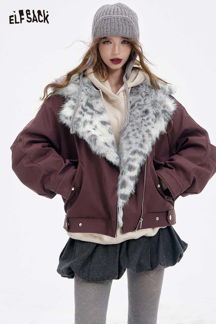 ELFSACK Soft Casual Spotted Plush Collar Warm Jacket