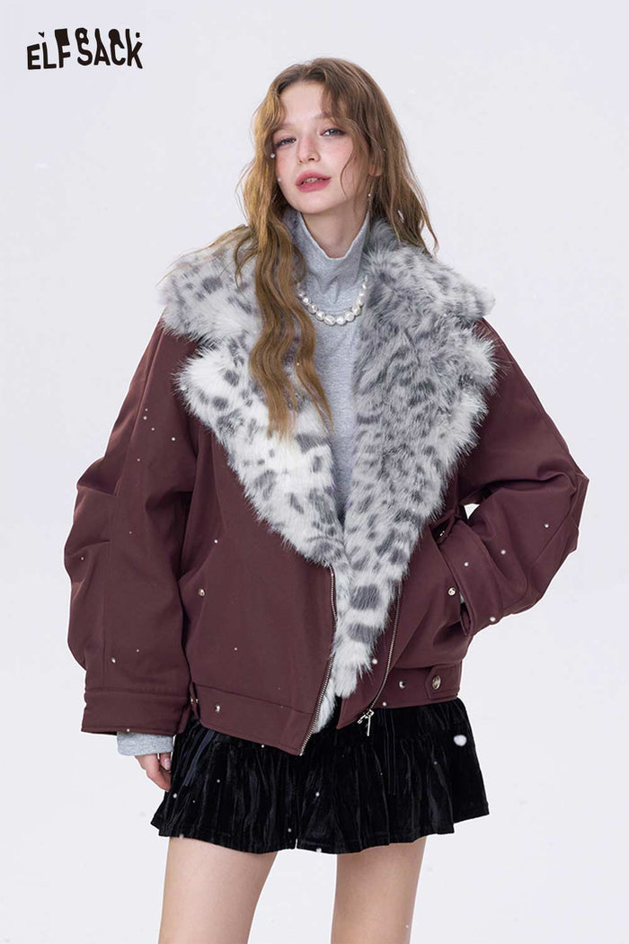 ELFSACK Soft Casual Spotted Plush Collar Warm Jacket