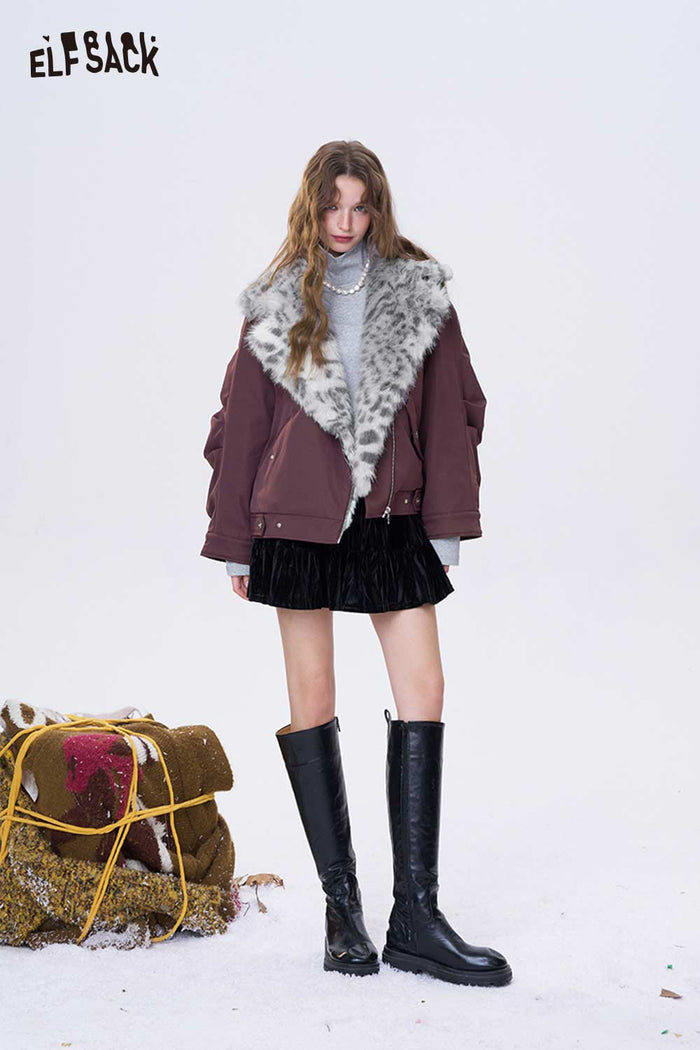 ELFSACK Soft Casual Spotted Plush Collar Warm Jacket