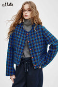 ELFSACK Soft Check Round Neck Long Sleeve Jacket