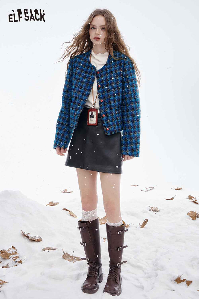 ELFSACK Soft Check Round Neck Long Sleeve Jacket