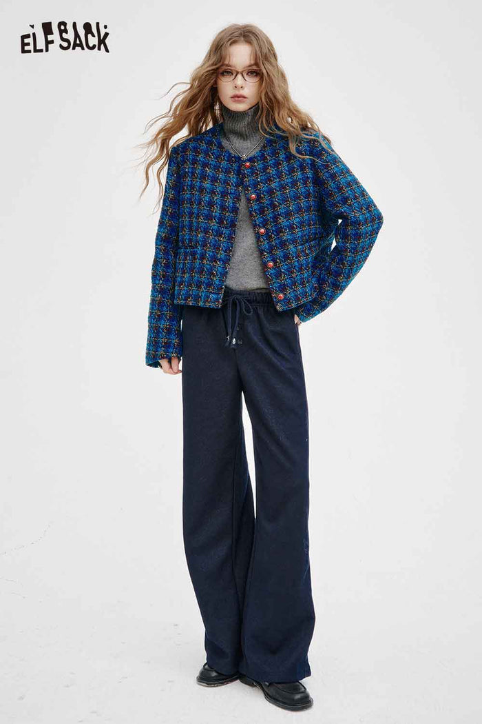 ELFSACK Soft Check Round Neck Long Sleeve Jacket