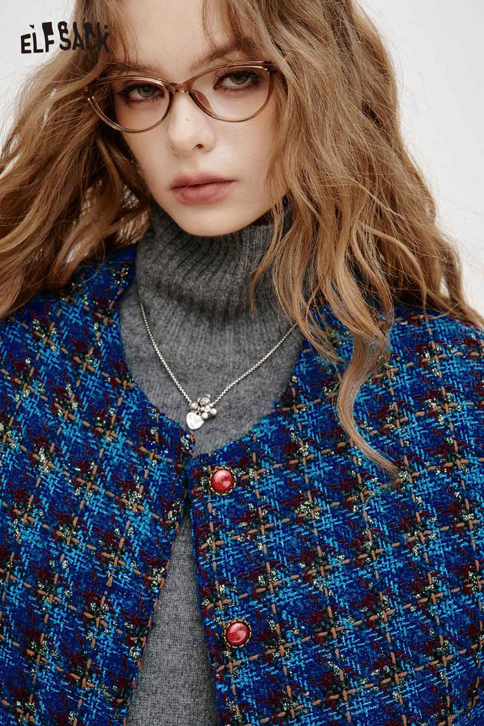 ELFSACK Soft Check Round Neck Long Sleeve Jacket