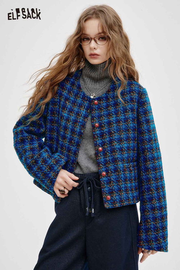 ELFSACK Soft Check Round Neck Long Sleeve Jacket