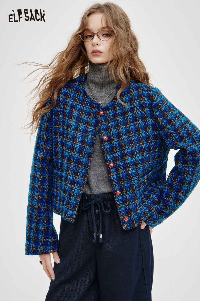 ELFSACK Soft Check Round Neck Long Sleeve Jacket
