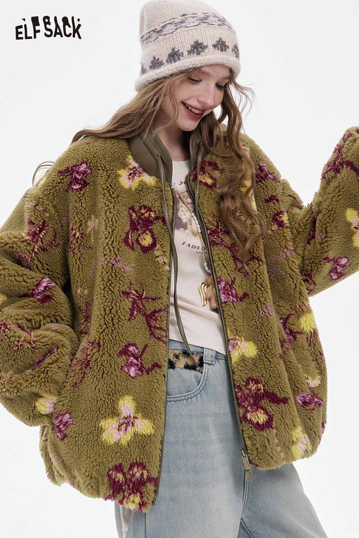 ELFSACK Soft Chinese Inspired Design Floral Graphic Coat
