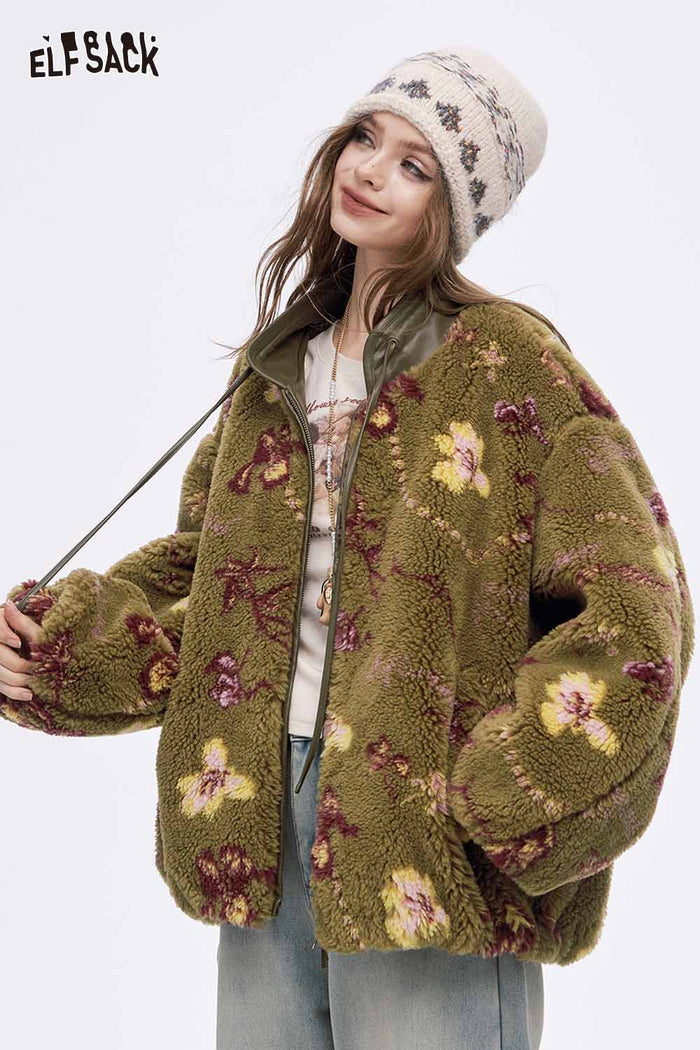 ELFSACK Soft Chinese Inspired Design Floral Graphic Coat