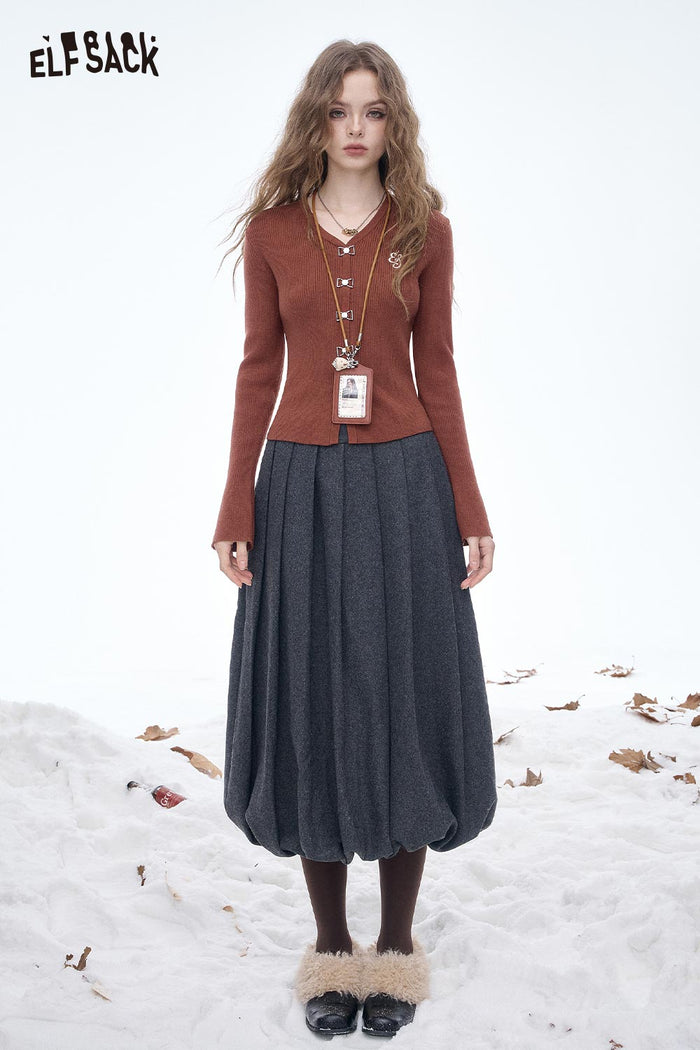 ELFSACK Soft Classic Bow Button V Neck Embroidered Solid Knit Sweater