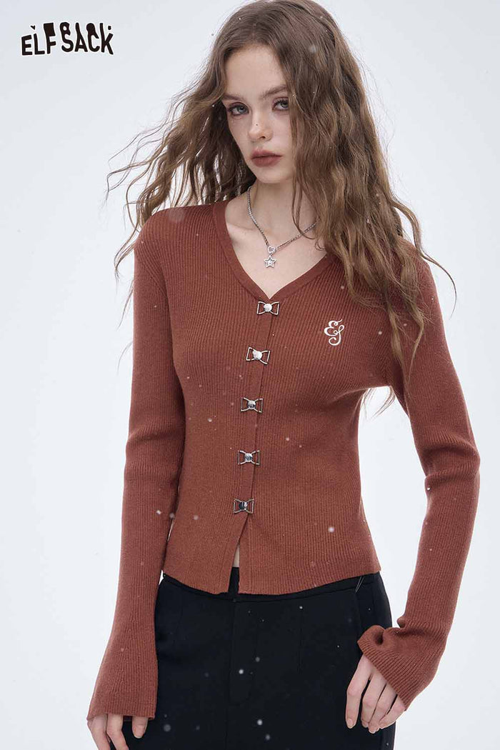 ELFSACK Soft Classic Bow Button V Neck Embroidered Solid Knit Sweater