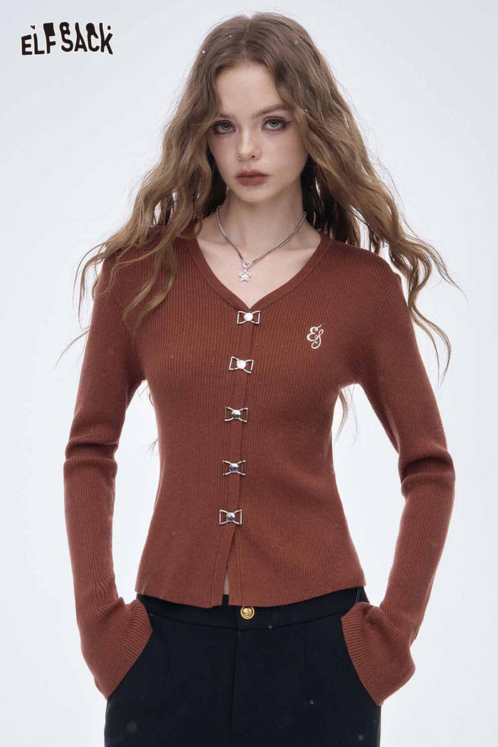 ELFSACK Soft Classic Bow Button V Neck Embroidered Solid Knit Sweater