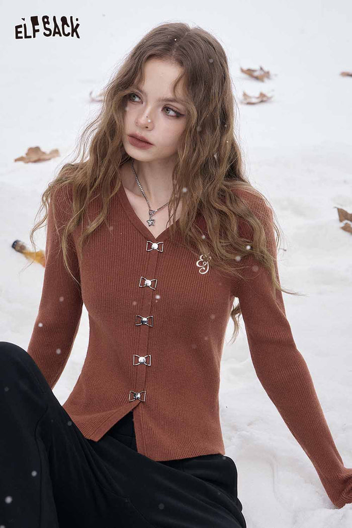 ELFSACK Soft Classic Bow Button V Neck Embroidered Solid Knit Sweater