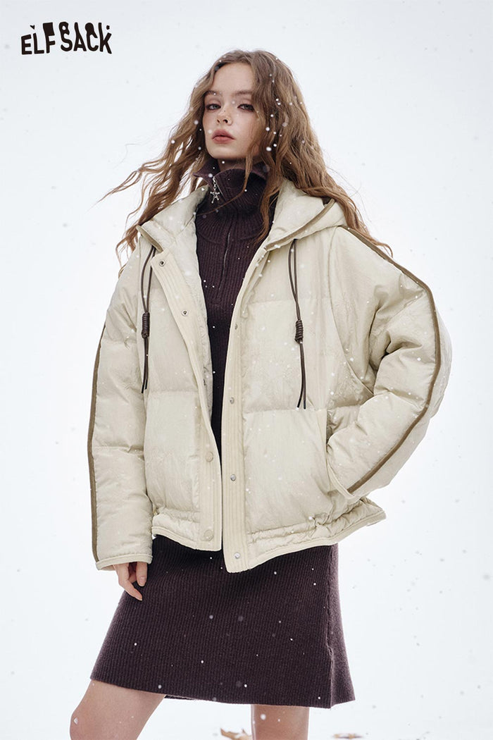 ELFSACK Soft Classic Hooded Solid Colour Short Down Jacket