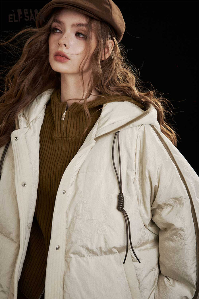 ELFSACK Soft Classic Hooded Solid Colour Short Down Jacket